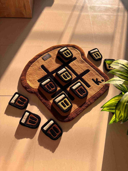 Matcha and Chai Tic Tac Toe Game on A Toast Hand Tufted Custom Rug