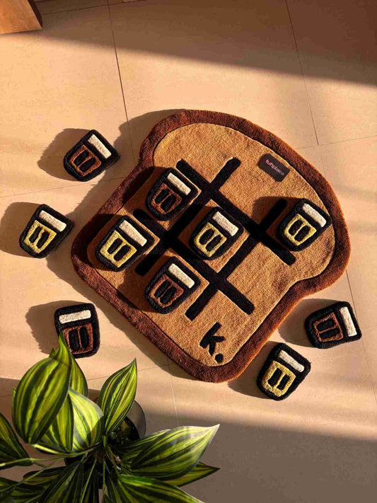 Matcha and Chai Tic Tac Toe Game on A Toast Hand Tufted Custom Rug