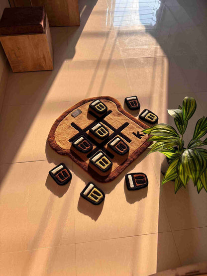 Matcha and Chai Tic Tac Toe Game on A Toast Hand Tufted Custom Rug
