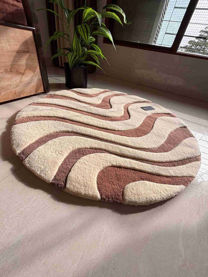Mocha Motion 3D Beige Waves Round Custom Rug by Tuftplace
