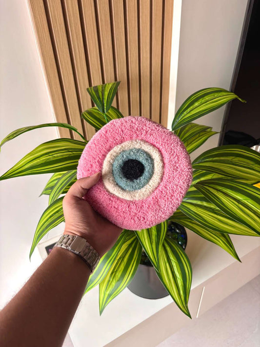 Pink Evil Eye Hand Tufted Coaster / Mug Rug / Table Decor