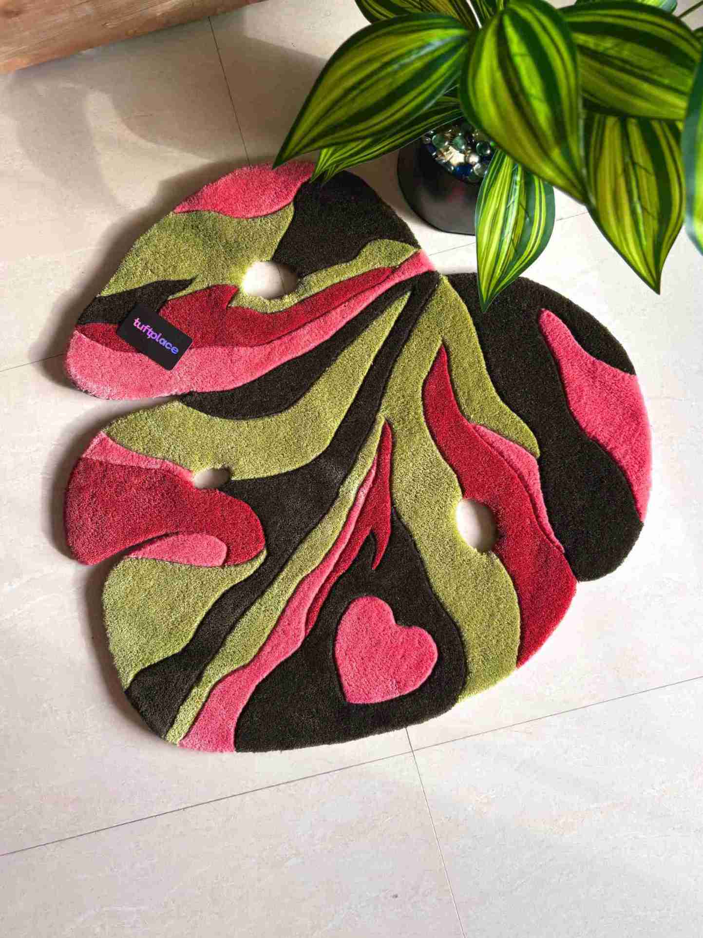 Pink and Green Monstera Leaf Custom Rug by Tuftplace