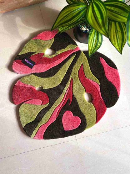 Pink and Green Monstera Leaf Custom Rug by Tuftplace