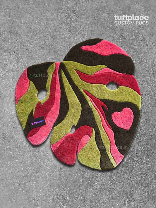 Pink and Green Monstera Leaf Custom Rug by Tuftplace