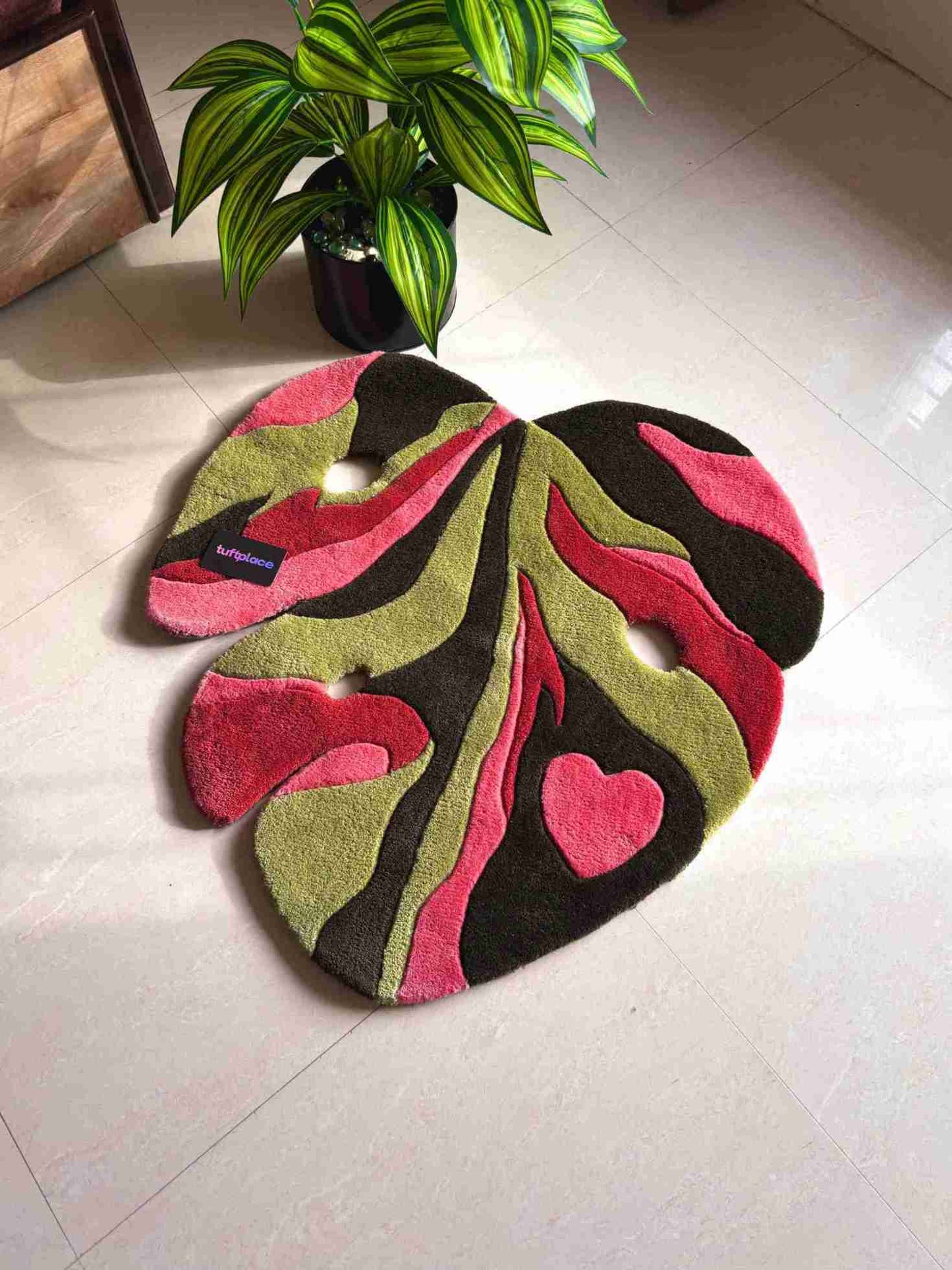 Pink and Green Monstera Leaf Custom Rug by Tuftplace