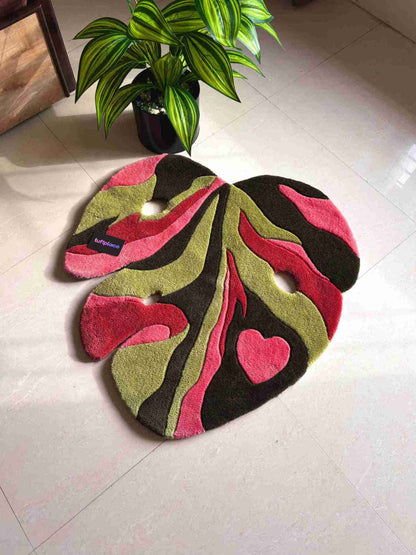Pink and Green Monstera Leaf Custom Rug by Tuftplace