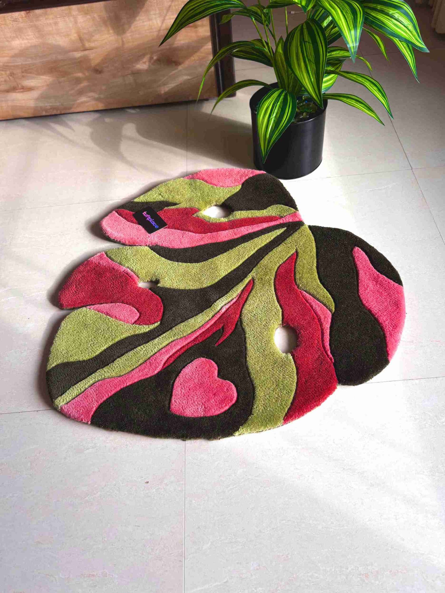 Pink and Green Monstera Leaf Custom Rug by Tuftplace