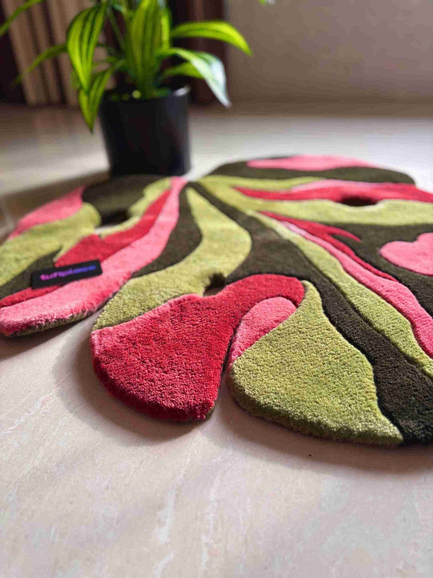 Pink and Green Monstera Leaf Custom Rug by Tuftplace