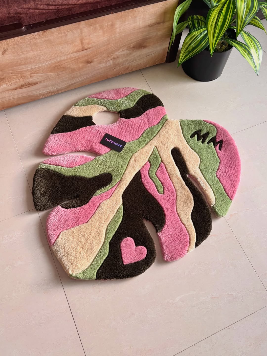 Baby Pink and Green Monstera Leaf Custom Rug by Tuftplace