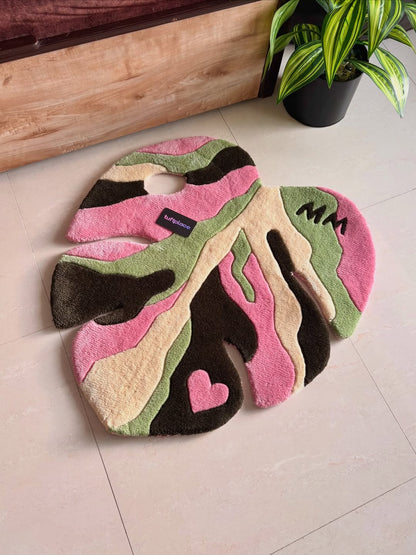 Baby Pink and Green Monstera Leaf Custom Rug by Tuftplace