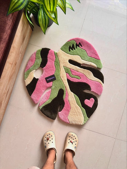 Baby Pink and Green Monstera Leaf Custom Rug by Tuftplace