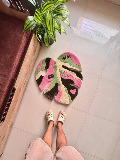 Baby Pink and Green Monstera Leaf Custom Rug by Tuftplace