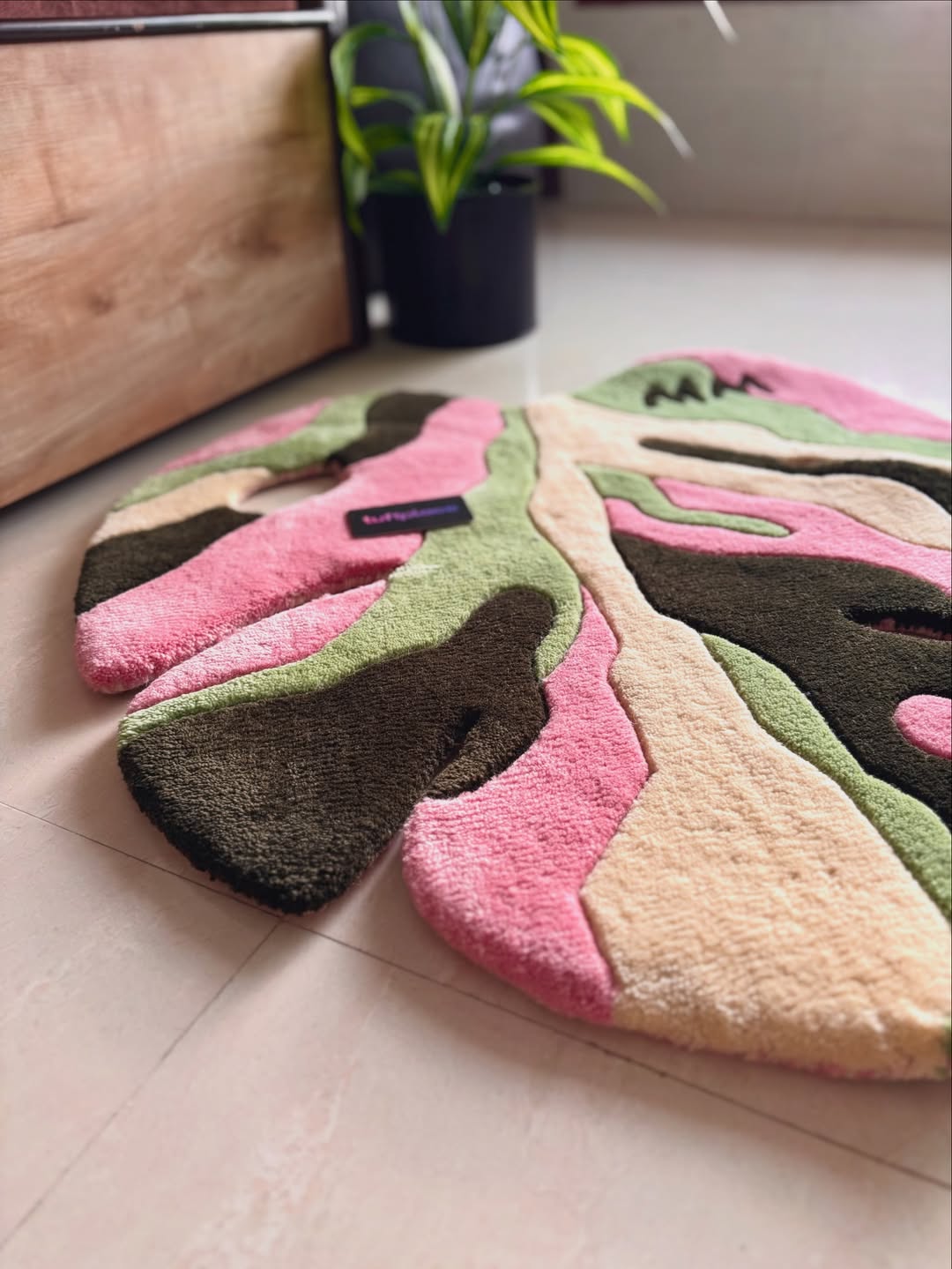 Baby Pink and Green Monstera Leaf Custom Rug by Tuftplace