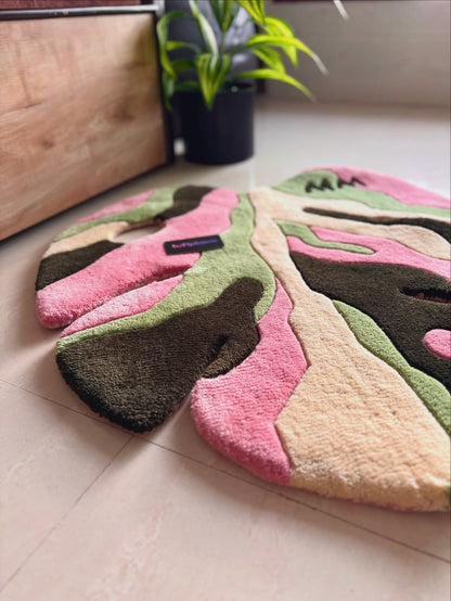 Baby Pink and Green Monstera Leaf Custom Rug by Tuftplace