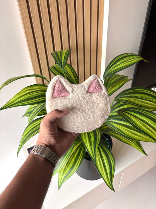 White Cat Hand Tufted Coaster / Mug Rug / Table Decor